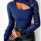 Women's Asymmetrical Cutout Lace Sleeve Top – Slim Fit, Mock Neck & Romantic Keyhole Back Detail 👗🖤