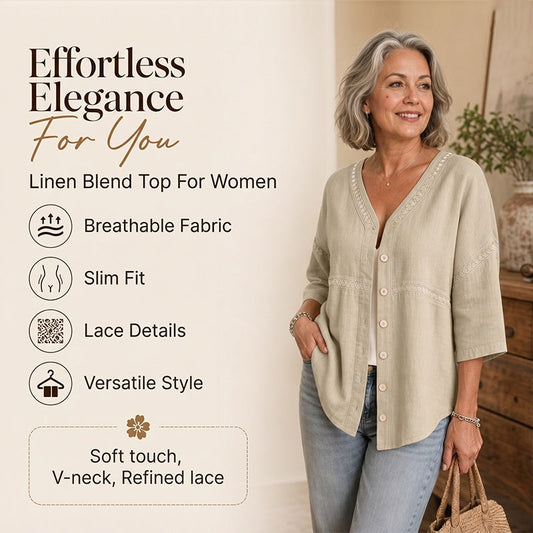 Women's V-Neck Lace Trim Button-Down Blouse