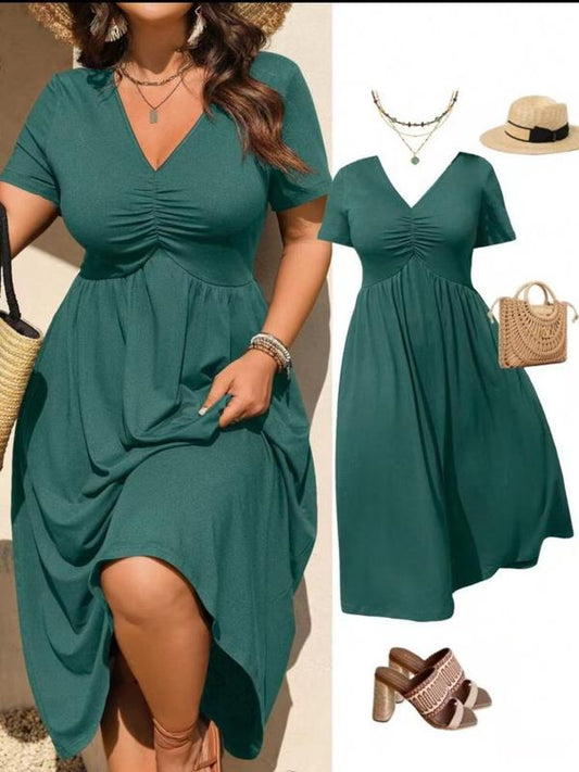 📢📢40% OFF !! ⏰Plus Size V-Neck Ruched Short Sleeve Midi Dress, Casual Summer Flowy A-Line Dress, Women's Fashion Clothing