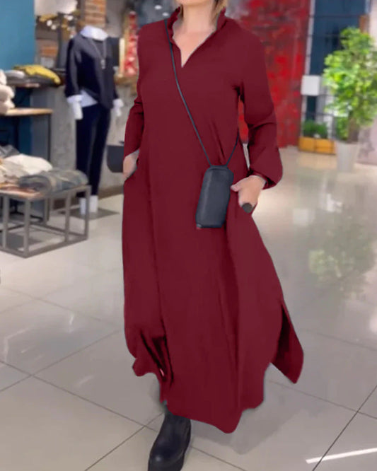 Solid Color V-Neck Long Sleeve Dress