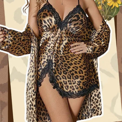 Set di Accappatoio e Camicia da Notte con Stampa Leopardata Sexy