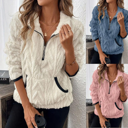 🔥LAST DAY SALE ONLY￡15.99!!☀️Half-Zip Fuzzy Sweatshirt 🍂 | Cloud-Soft + Roomy Pockets – Comfy Daily/Lounge