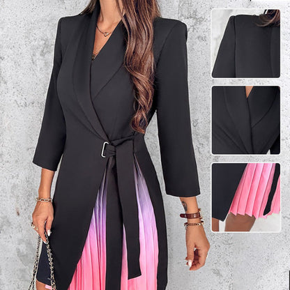 🎁Ombre Lapel Neck Tied Waist Pleated Blazer Dress