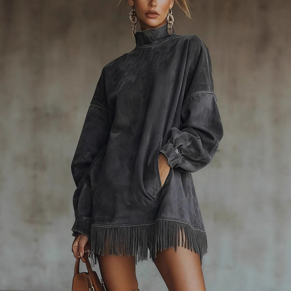 👗✨Casual Turtleneck Pocket Dress with Tassel Hem