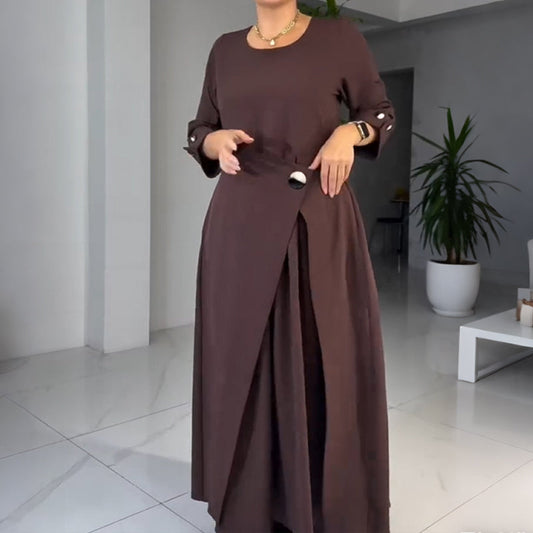 Women's Round-Neck Pleated Patchwork Midi Dress