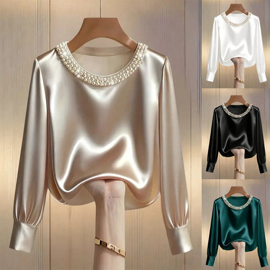 🔥Buy 2 Get Free Shipping🔥Women’s Elegant Synthetic Pearl Crew Neck Satin Top