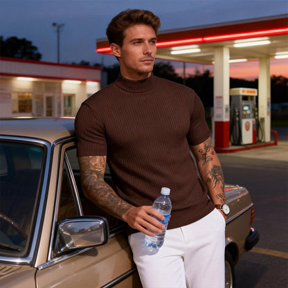 👕 ✨ Men's Slim Mock Neck T-Shirt – Ribbed 🍁