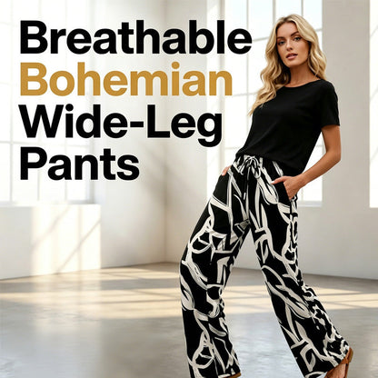 Women's Bohemian Print Drawstring Wide-Leg Pants