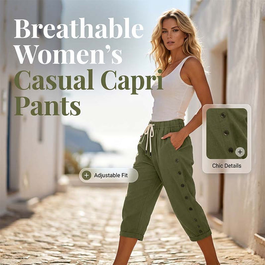 Women's Casual Capri Pants with Side Buttons