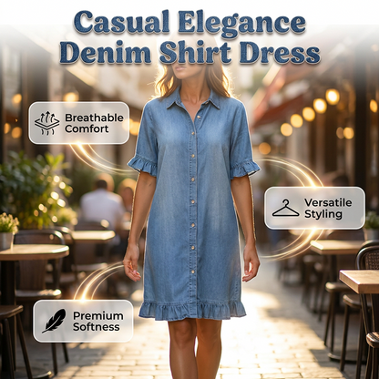 Loose Fit Denim Shirt Dress with Ruffles