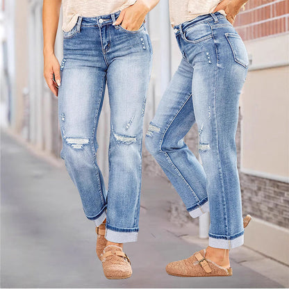 Women's Ripped Straight-Leg Jeans – High-Waist, Distressed, Stretchy 🆒