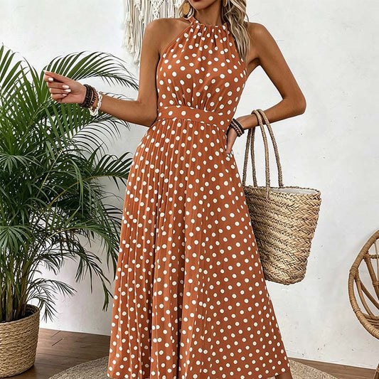 👗New Arrival 50% OFF🍊 Retro Polka Dot Halter Dress – Flowy Pleated Skirt & High Waist – Flattering & Breezy 🍋