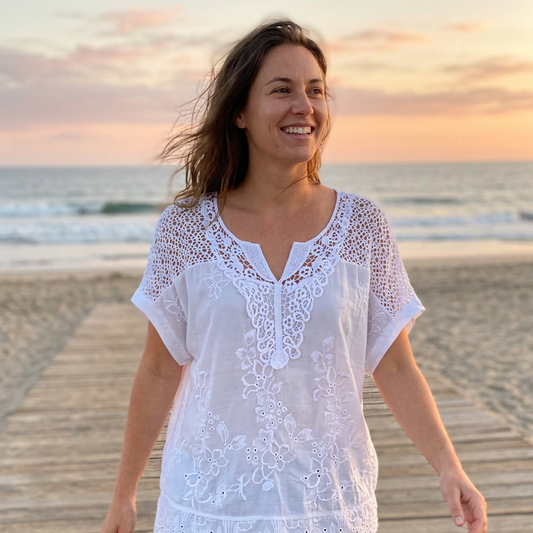 🌸 Elegant Lace Embroidered V-Neck Top – Relaxed Fit, Floral Detail.