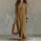👗 LIMITED-TIME 50% OFF! 💥 Casual Loose Fit Maxi Dress with Front Slit – Collar Detail, Roll-Tab Sleeves, Earthy Tones ✨