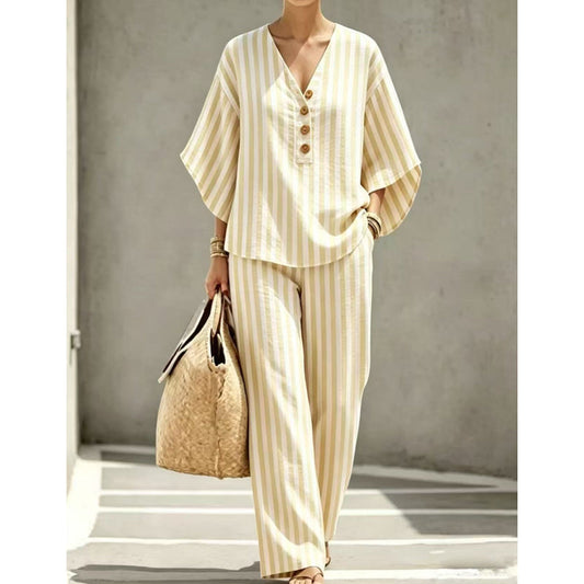 👚👖Women's Striped V-Neck Top & Wide-Leg Pants Set