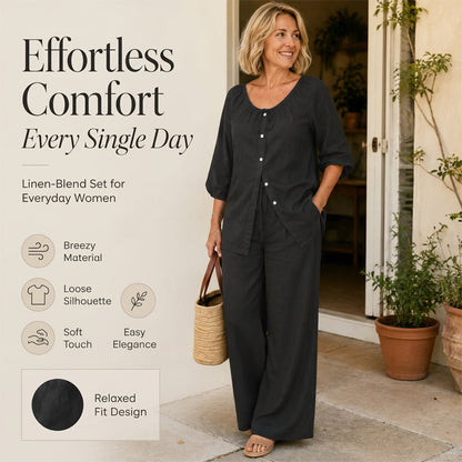 Women's Button-Down Drawstring Top & Wide-Leg Pants Set