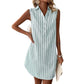 Women Sleeveless Striped Shirt Dress V Neck