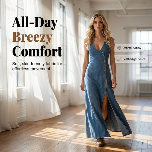 Sleeveless V-Neck Button-Front Denim Maxi Dress