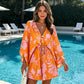 Women Summer V-Neck Flutter Sleeve Vacation Dress with Drawstring