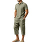 👕Men Summer Linen Set Loose Shirt and Cargo Shorts Two Piece Outfit