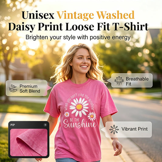 Unisex Vintage Washed Daisy Print Loose Fit T-Shirt