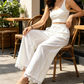 Women's Wide Leg Linen Pants with Lace Hem