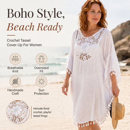 Women's Crochet Patchwork Beach Cover Up with Tassel