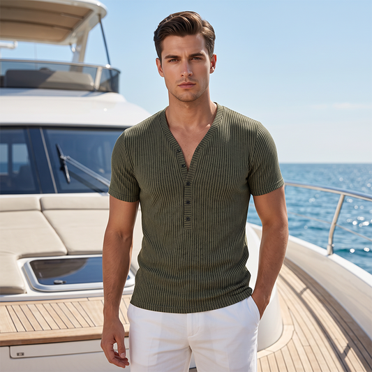 Men's Spring Textured Dual-Color Striped V-Neck Tee 👕 Bold Stripes, Deep V – A Modern Athletic Fit for Training & Beyond ✨