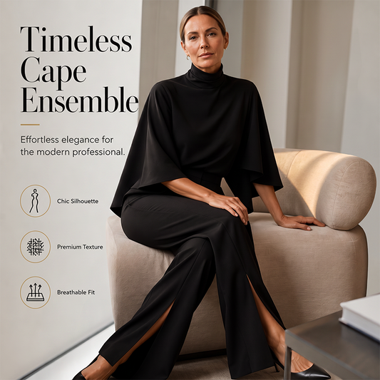 Women Elegant Mock Neck Cape Top and Wide Leg Pants Set