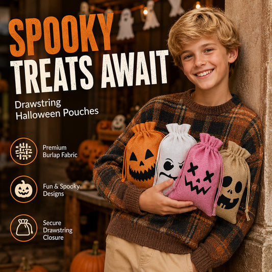 Halloween Drawstring Burlap Bags Spooky Face Treat Pouch