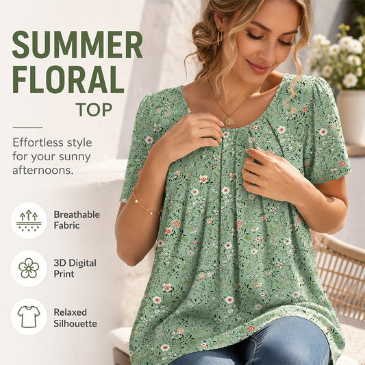 Women's Round Neck Short-Sleeved Floral Top