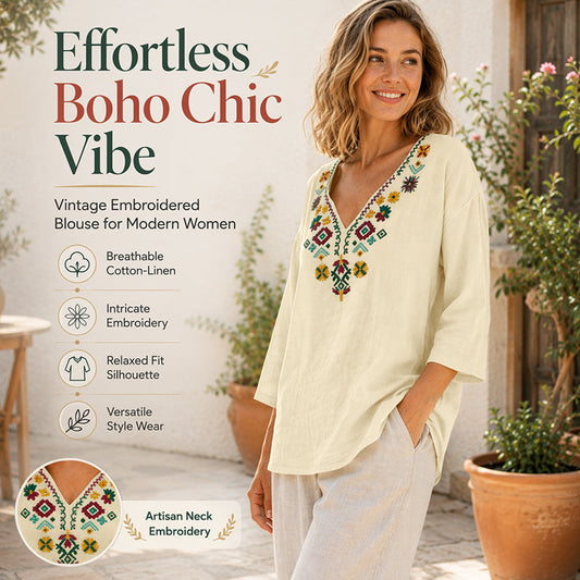Women's Vintage Floral Embroidery V-Neck Top