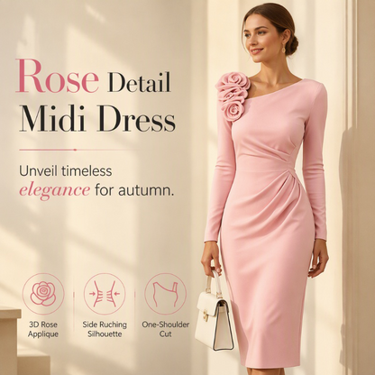 👗✨Women's Ruched Midi Dress with 3D Rose Details