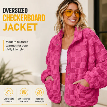 ✨👚Women's Checkerboard Snap Button Plush Jacket
