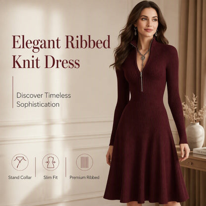 ⌛Limited-Time Offer-👗✨Women’s Ribbed Knit Slim Fit Half-Zip Dress