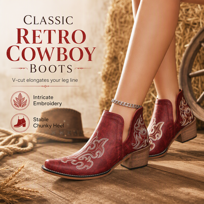 ✨Women's Retro V-Cut Block Heel Martin Boots Plus Size Fall Winter Solid Color and Floral Print Ankle Boots