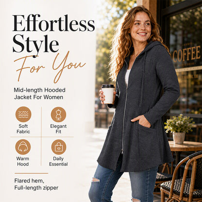 Women's Mid-Length Zip-Up Hooded Jacket