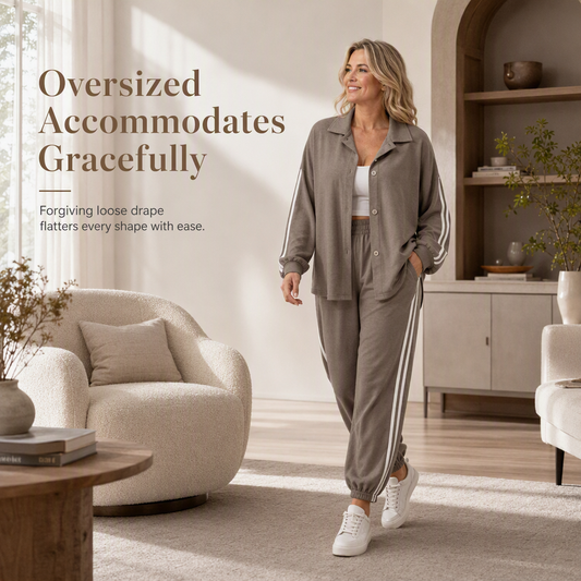 👗✨Women's Casual Two-Piece Lounge Set Featuring Oversized Button-Down Shirt and Jogger Pants with Side Stripes