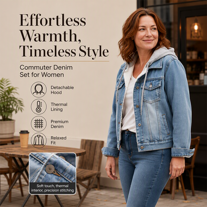 Women's Layered Hooded Denim Jacket with Warm Lining