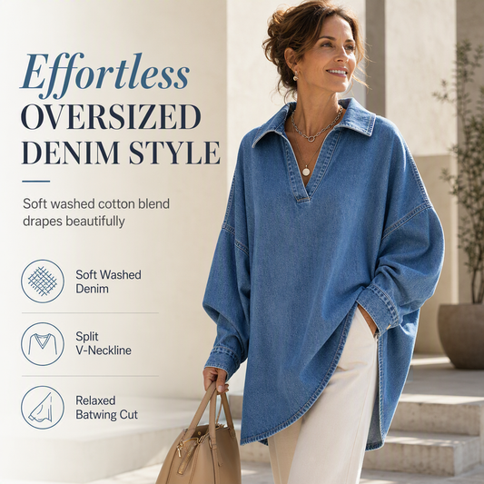 💙 Women's Casual Loose Denim V-Neck Pullover Shirt with Batwing Sleeves and Asymmetrical Hem