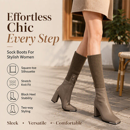 Women's Stretch Knitted High Chunky Heel Boots