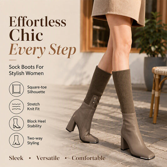 Women's Stretch Knitted High Chunky Heel Boots