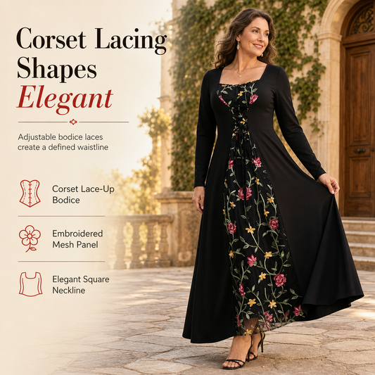 👗✨Black Long Sleeve Square Neck Lace Up Corset Maxi Dress with Floral Embroidered Mesh Panel✨𝘉𝘶𝘺 𝘢𝘯𝘺 2 𝘢𝘯𝘥 𝘨𝘦𝘵 𝘢𝘯 𝘦𝘹𝘵𝘳𝘢 8% 𝘥𝘪𝘴𝘤𝘰𝘶𝘯𝘵