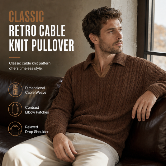🧶 Rich Cable Texture, Rugged Elbow Detail | Men's Collared Knit Pullover✨𝘉𝘶𝘺 𝘢𝘯𝘺 2 𝘢𝘯𝘥 𝘨𝘦𝘵 𝘢𝘯 𝘦𝘹𝘵𝘳𝘢 8% 𝘥𝘪𝘴𝘤𝘰𝘶𝘯𝘵