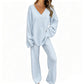 Women's Knit V-Neck Sweater & Wide-Leg Pants Set