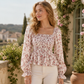 Women's Casual Square Neck Flare Sleeve Floral Print Chiffon Blouse Holiday Top