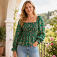 Women's Casual Square Neck Flare Sleeve Floral Print Chiffon Blouse Holiday Top
