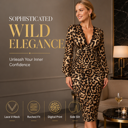 Women’s Lace Leopard V-Neck Lantern Sleeve Mid-Length Dress