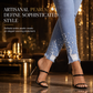 Women's Light Blue Pearl Embellished Slim Fit Skinny Jeans with Raw Frayed Waist and Distressed Ripped Ankle Cuffs