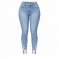 Women's Light Blue Pearl Embellished Slim Fit Skinny Jeans with Raw Frayed Waist and Distressed Ripped Ankle Cuffs